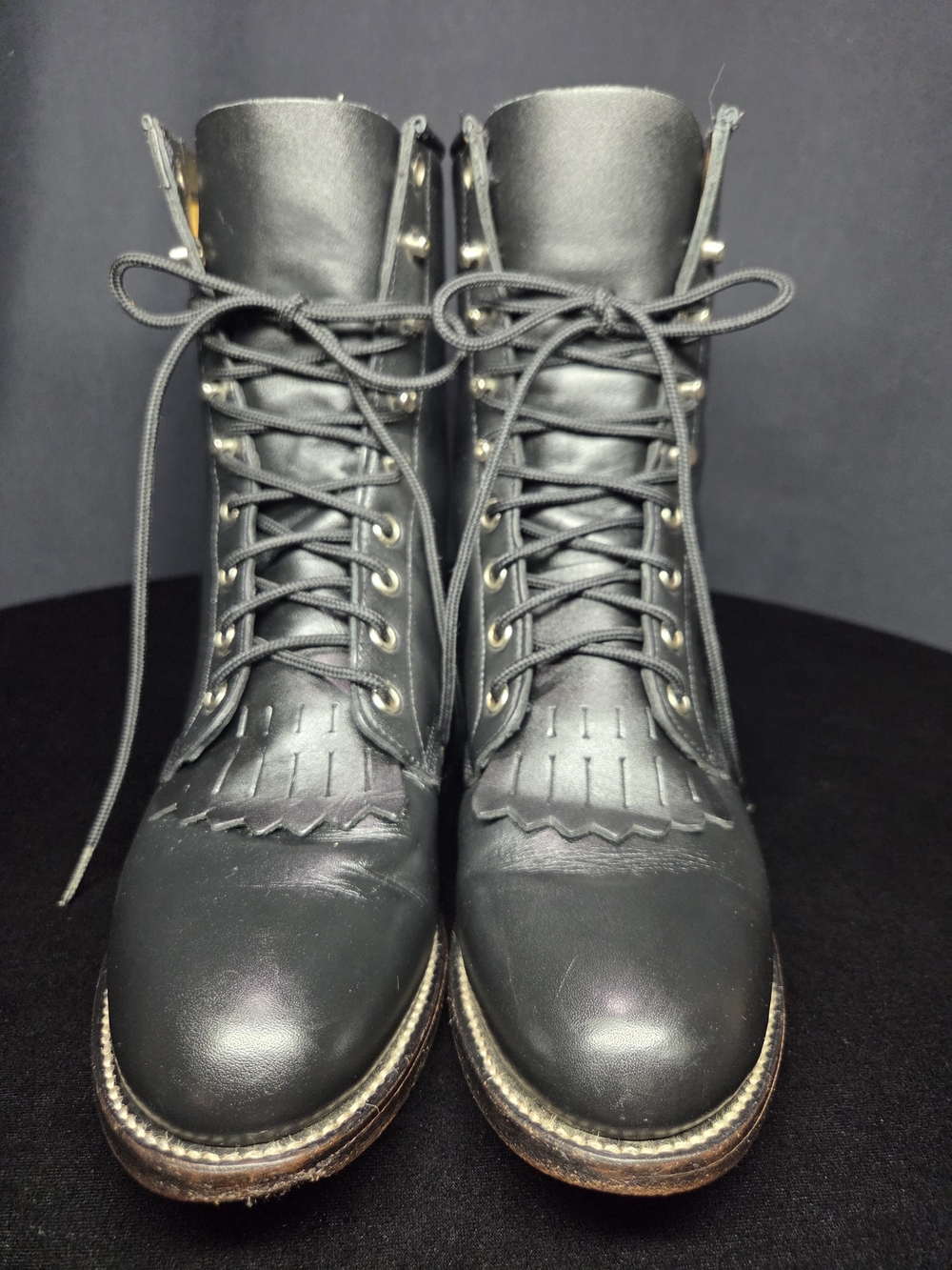 Justin Boots Black Leather Lace-Up Fringe Tongue Men’s Boots